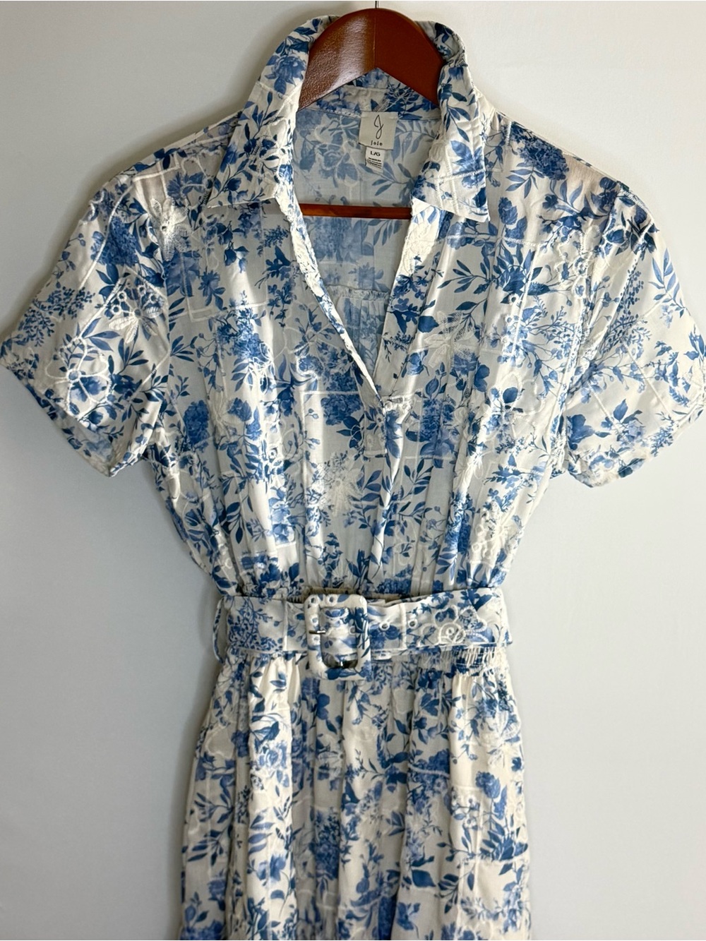 Joie Blue Floral Midi Dress L Belted Shirt Dress Cottagecore - Picture 2 of 10